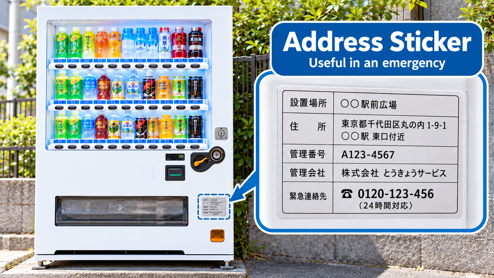 A sticker displaying the address of the vending machine's location.