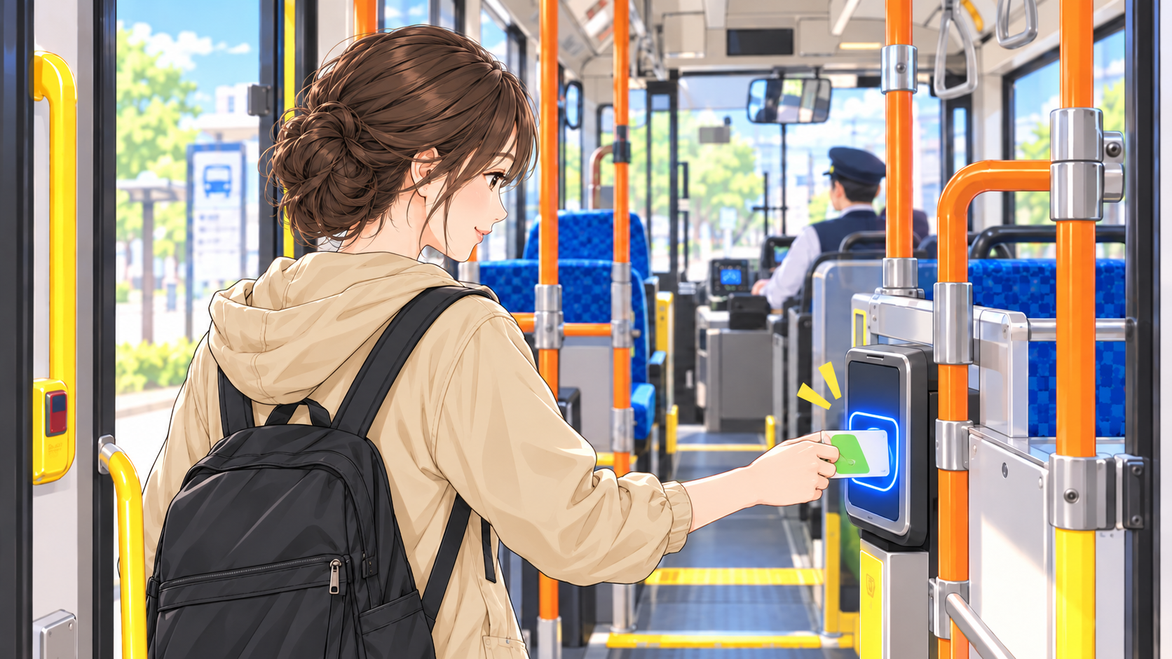 Tapping an IC card on the card reader when boarding a bus in Japan