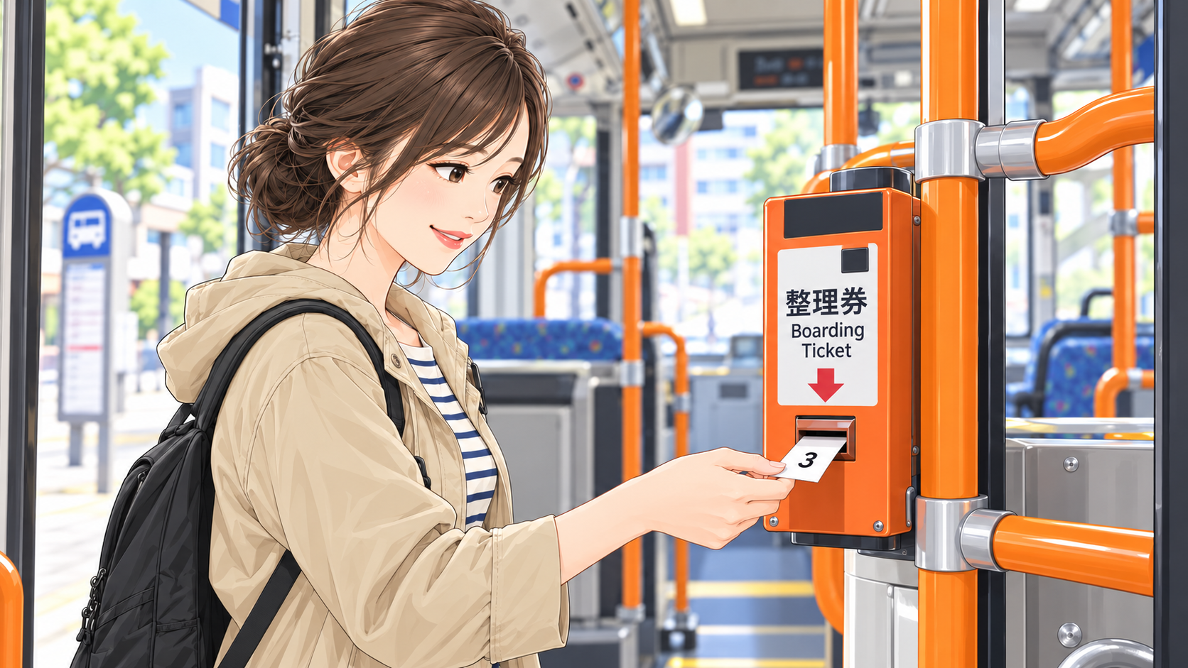 Taking a numbered ticket when boarding a bus in Japan
