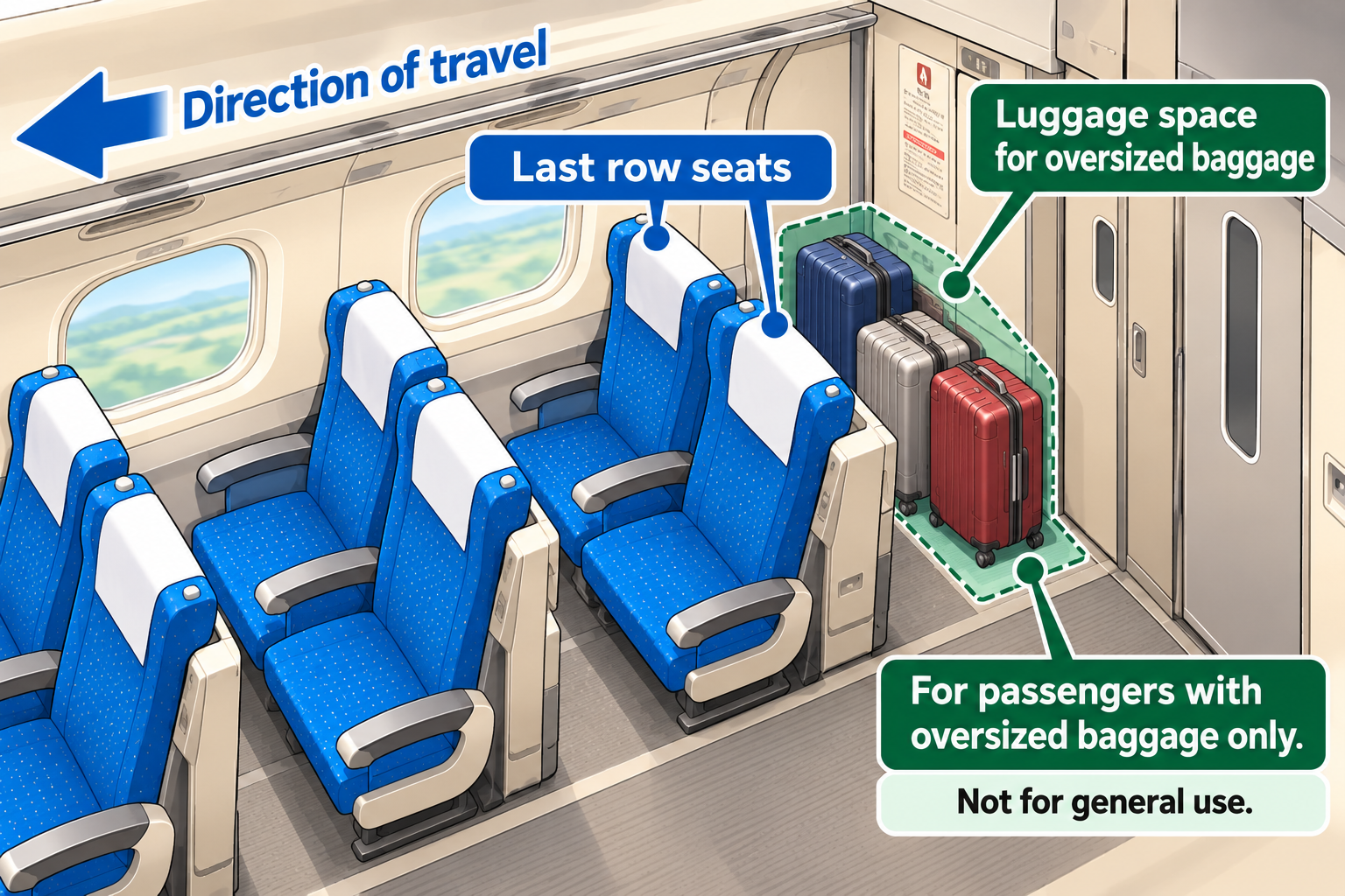 Illustration showing the oversized baggage storage space behind the last row of Shinkansen seats