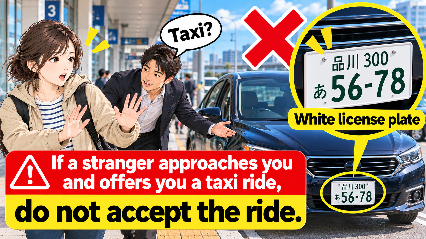 Warning about illegal “shiro-taku” rides using private vehicles with white license plates in Japan
