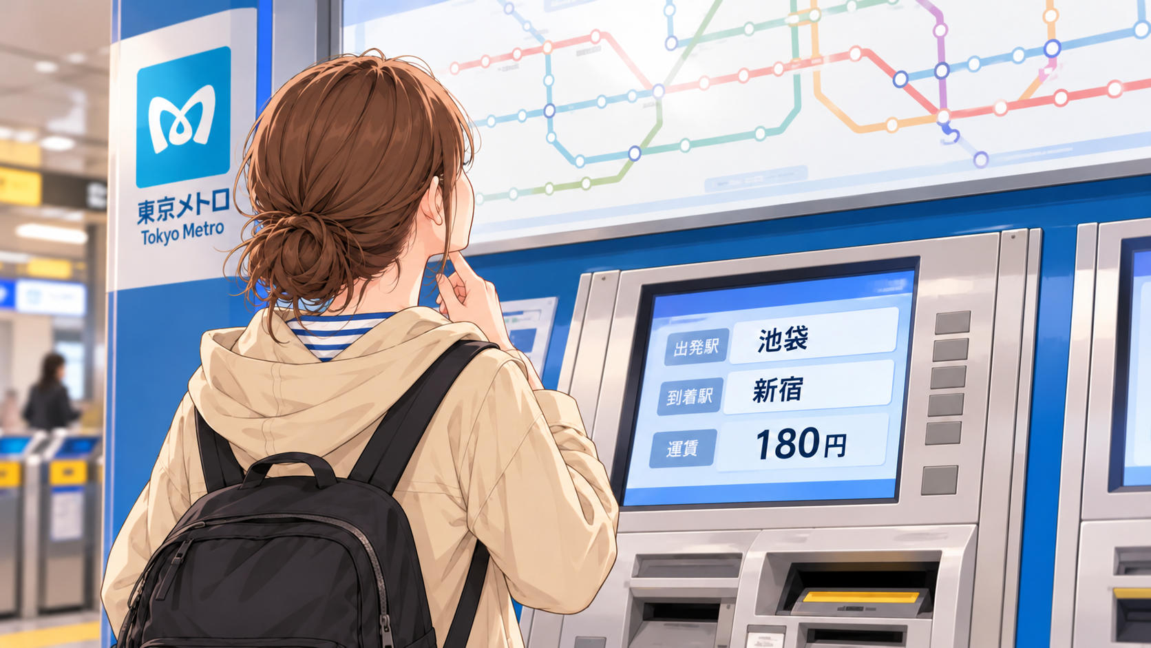 A woman checking the fare chart above a Tokyo Metro ticket machine
