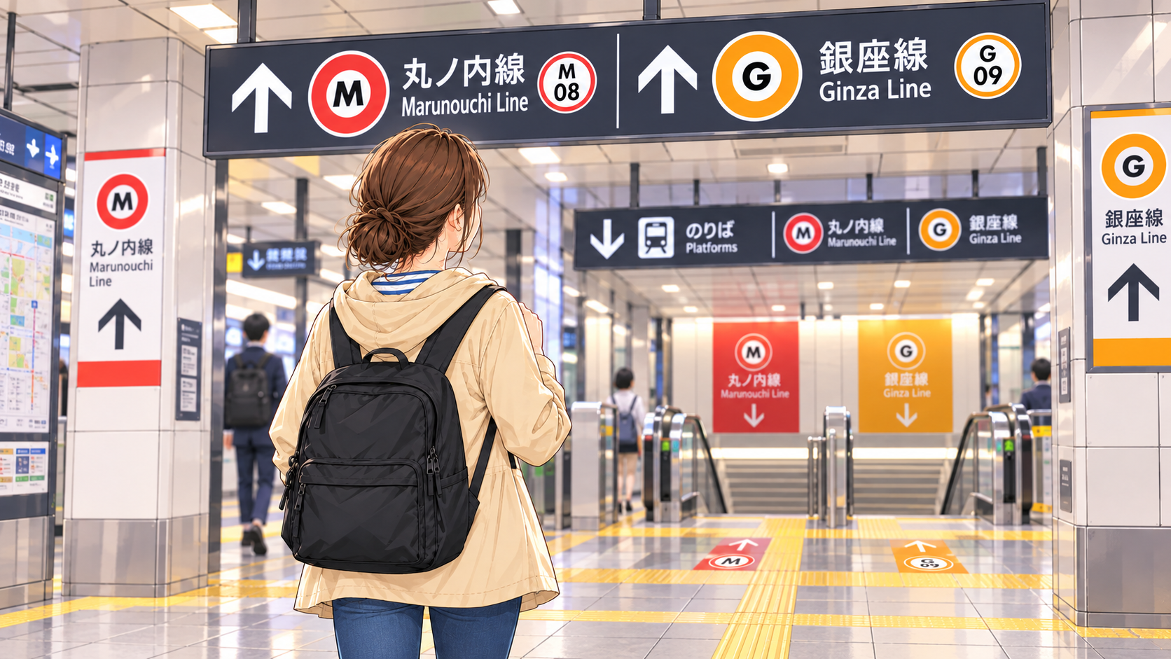 A woman checking Tokyo Metro line signs